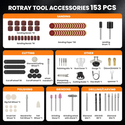 HARDELL 180W Corded Rotary Tool Kit 6 Variable Speeds with Flex Shaft, Chainsaw Sharpener, 8000-35000RPM 153pcs Accessories Kit for Sanding, Polishing, Cutting, Engraving,Carving, DIY Crafts
