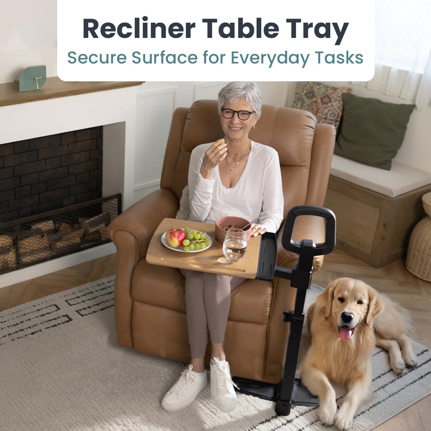 PELEGON Tray Table, 360° Swivel Table for Recliner, Adjustable Height with X-Large Table for Eating and Laptop, TV Trays for Couches & Chairs with Ergonomic Stand Assist Safety Handle for Elderly
