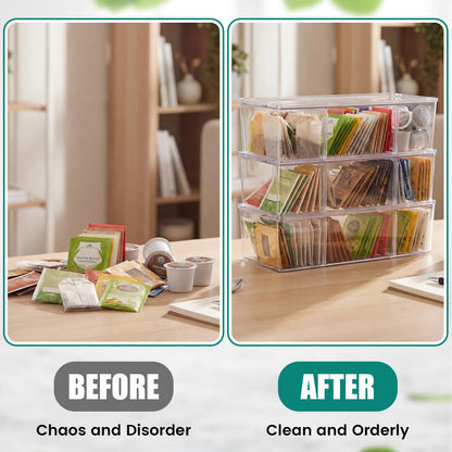 Hoteam 3 Pack Tea Bag Organizer with Lids,Clear Stackable Plastic Tea Bag Storage Organizer for Cabinet Counter Countertop Pantry, Sweeteners (Flip Top,3 Grids)
