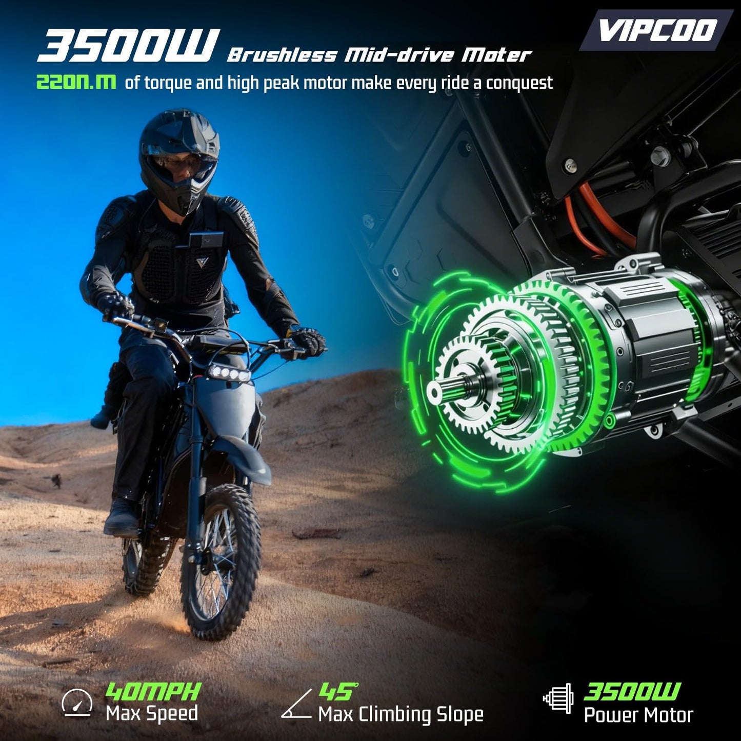 VIPCOO H3 Electric Dirt Bike for Teens and Adults, 3500W Electric Motorcycle, Up to 40MPH / 45° Slope / 45 Miles Range, 14"/12" Fat Tire E Dirt Bike with Nitrogen Suspension Fit Age 13+