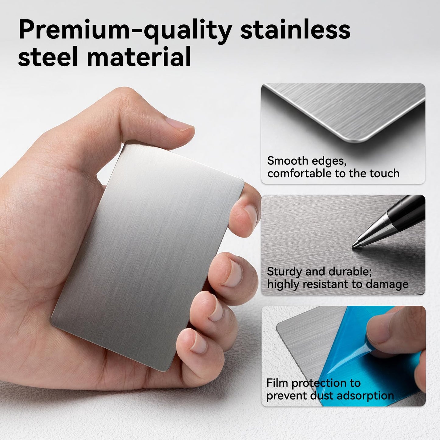 VMYTH 50 Pcs Stainless Steel Business Card Blanks w/Case, 3.4"x2.1" Thick 0.5mm Metal Business Cards for Laser Engraving (30 Standard, 20 Adhesive), Metal Business Card Blanks for House,Office,DIY