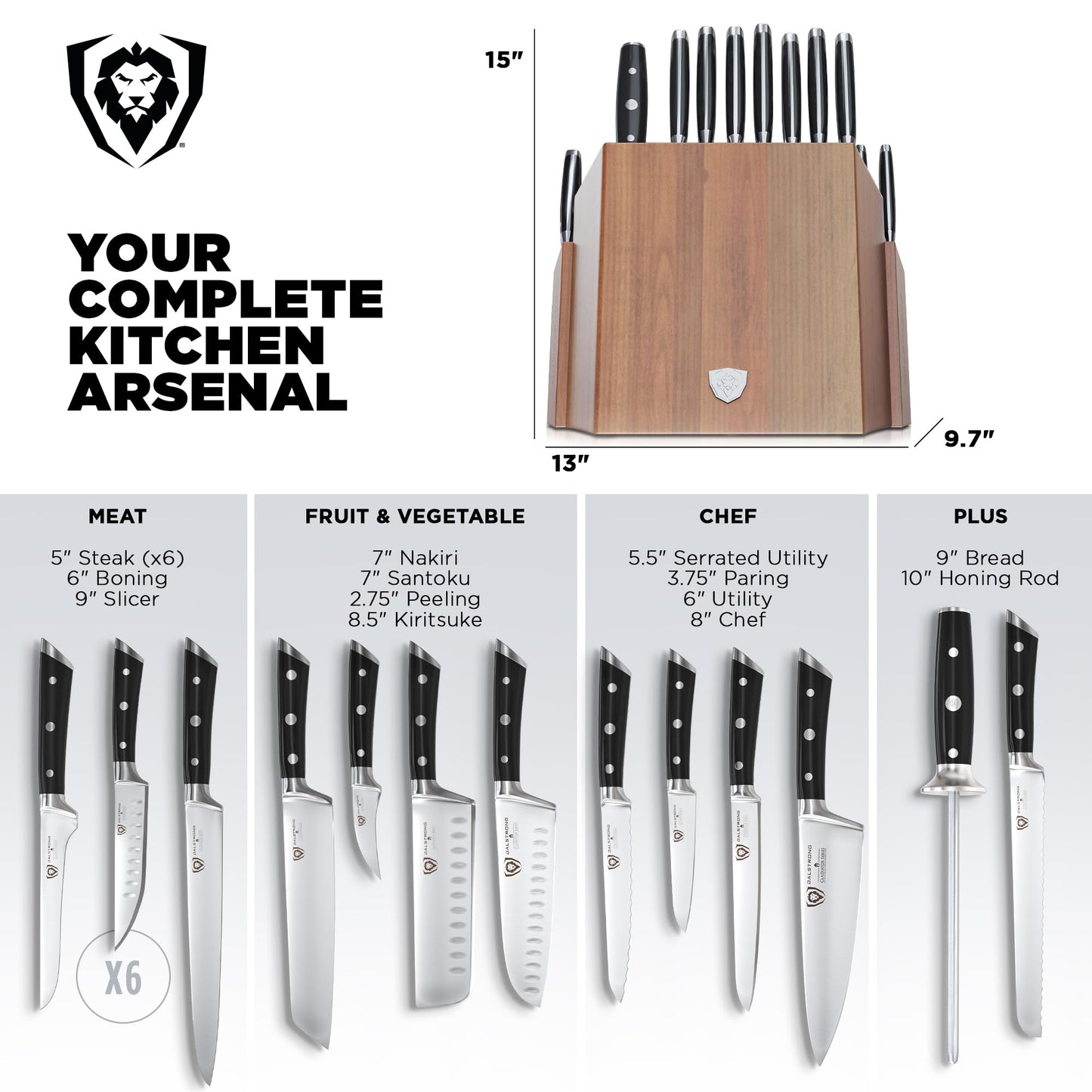 Dalstrong 18-Piece Gladiator Colossal Knife Block Set — German High-Carbon Steel, Full-Tang, Hand-Sharpened — For Home Chefs, Wedding Registries & Serious Kitchens — Acacia Wood Block, NSF Certified