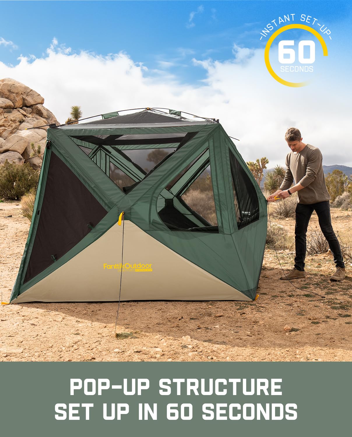 FanttikOutdoor Alpha C4 Ultra Camping Tent 4 Person Pop Up Instant Cabin Setup in 60 Seconds Portable Hub Tent with Rainfly & Windproof for Outdoor Camping & Overlanding, Green