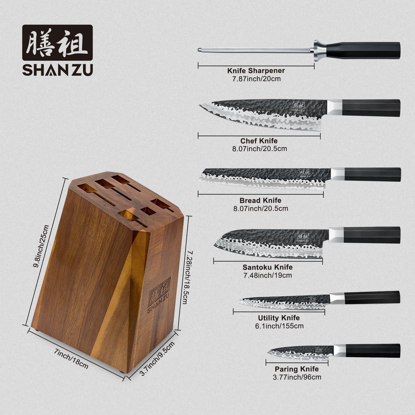 SHAN ZU 7-Piece Japanese Knife Set - 7 Layers 10Cr15MoV High Carbon Steel Kitchen Knifes Set with Block and Sharpener,Ultra-Sharp Chef Knife Set with G10 Handle