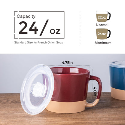 AmorArc 24 Ounces Soup Bowls with Large Handles and Lids, Stoneware Bowls for Soup, Cereal, Stew, Noodle, Colourful Ceramic Kitchen Bowls, Microwave & Dishwasher Safe (Multi-Color, Set of 2)