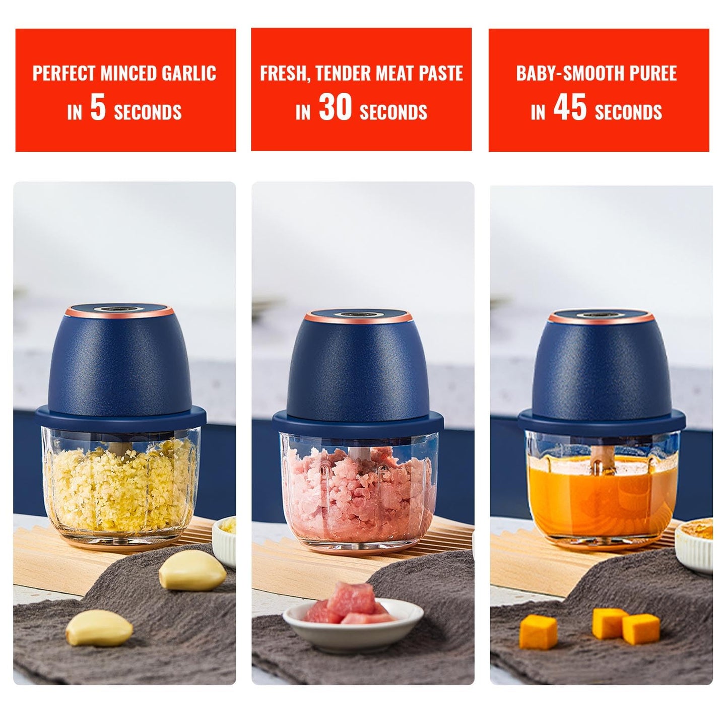 Electric Garlic Chopper 350ml, Powerful Portable Mini Food Processor, 1 Head 6 Blades, 1200mAh USB Rechargeable One-Touch Mincer for Garlic, Onion & Herbs, Auto Shut-Off, Noise-Reducing Base(Blue)