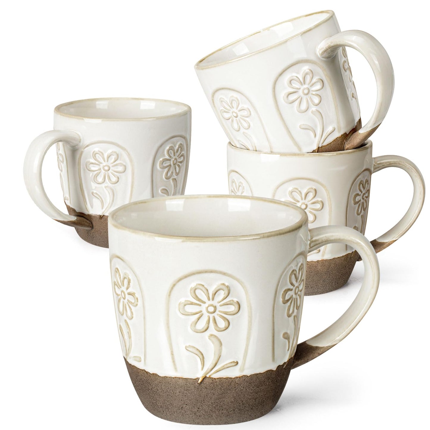 Artena Ceramic Coffee Mugs Set of 4, 16oz Embossed Large Latte Mugs Coffee Cups with Handle for Tea, Latte, Cappuccino & Cocoa, Milk Dishwasher & Microwave Safe, White (Pinwheel Flower)