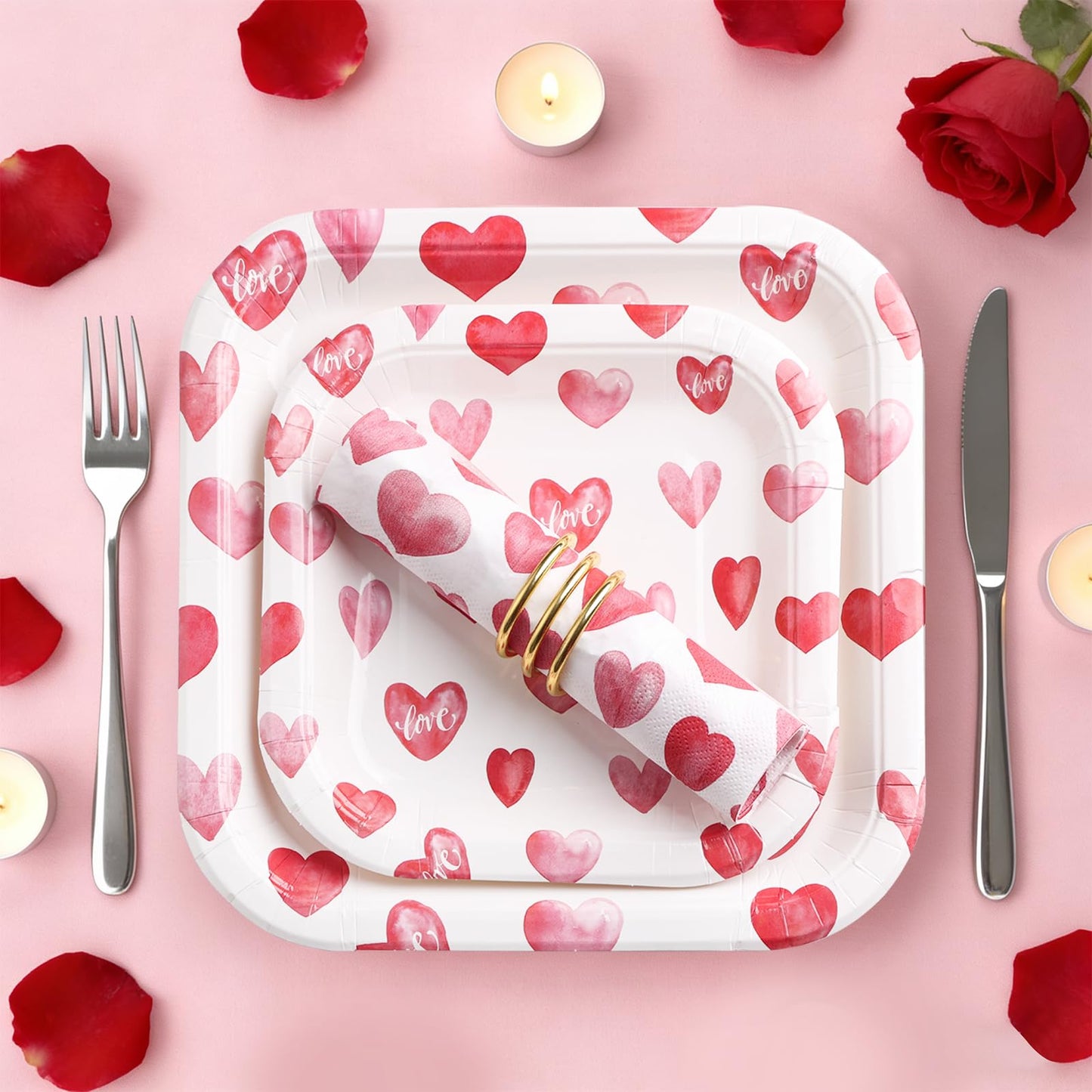Glinarious Valentines Day Plates and Napkins Sets, Square Valentine Plates 9" Heart Plates 7" for Valentines Day Party Decorations