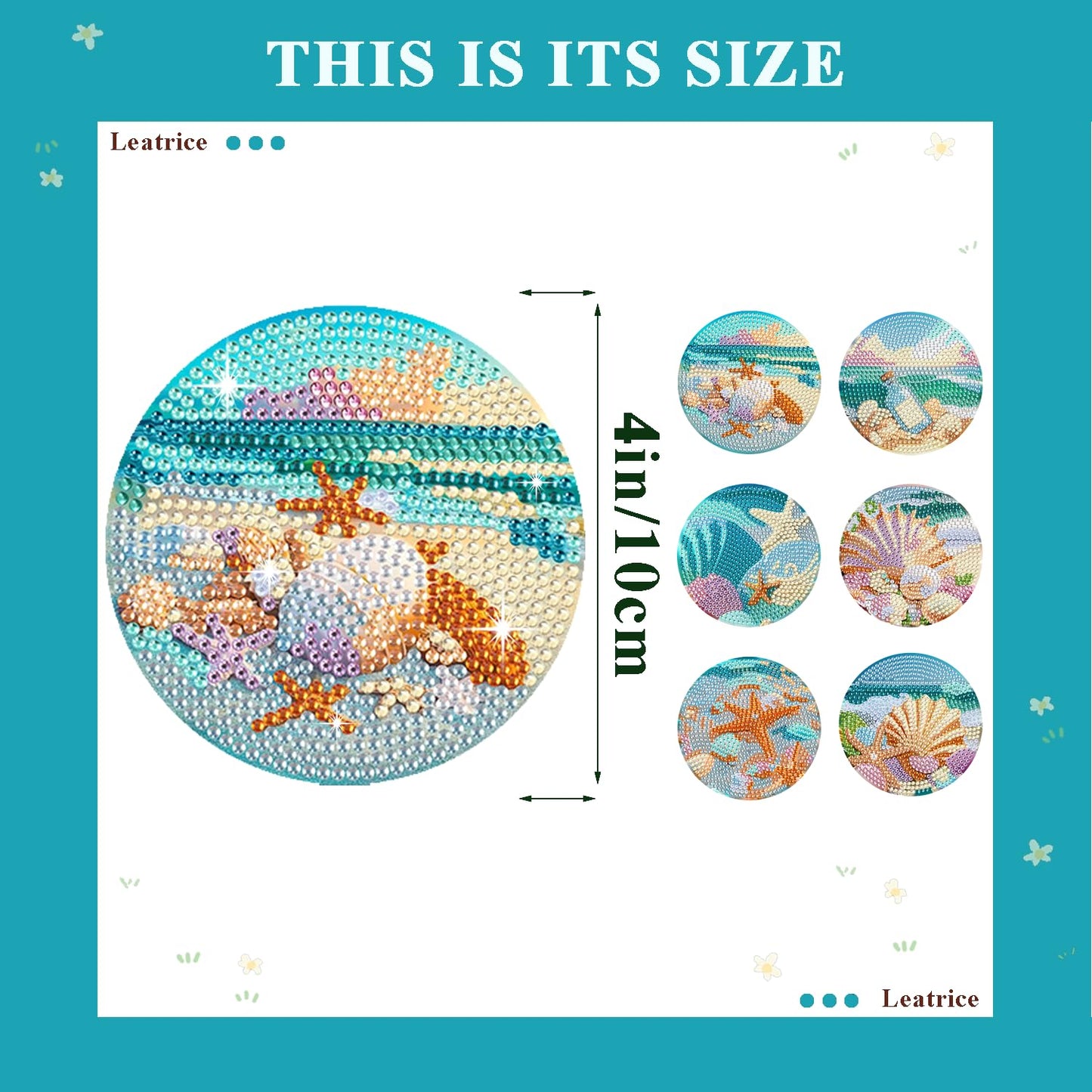 Leatrice Ocean Diamond Art Coasters Set of 6, Small Diamond Painting Kits for Adults Beginners Women, Gem Art Coasters with Holder, Funny Arts Supplies for Kitchen Decor