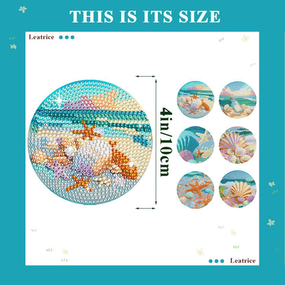 Leatrice Ocean Diamond Art Coasters Set of 6, Small Diamond Painting Kits for Adults Beginners Women, Gem Art Coasters with Holder, Funny Arts Supplies for Kitchen Decor