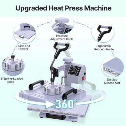 Slendor Heat Press Machine 12x15 inch, 5 in 1 360-Degree Swing Away Digital T Shirt Pressing Machine Multifunction Heat Transfer Sublimation Combo for T Shirts Mugs Hat Plate Cap, Lavender