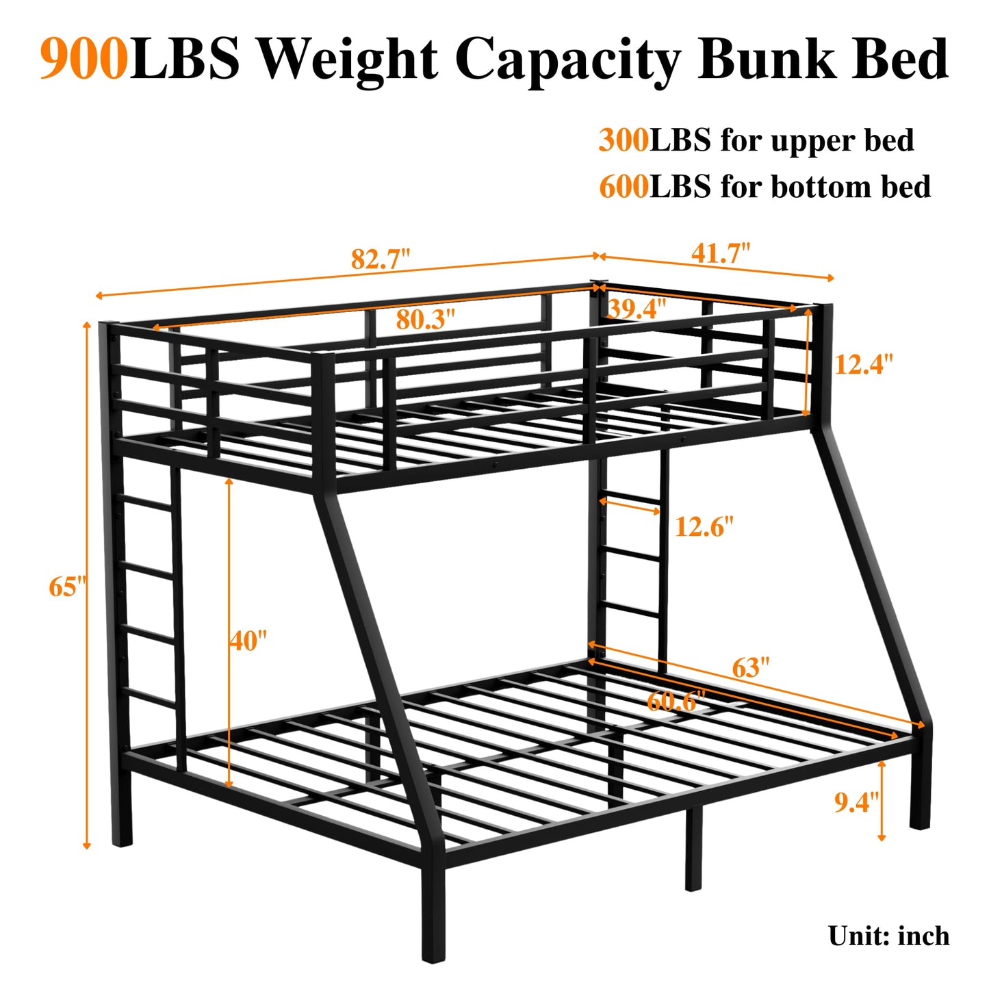 Bellemave Metal Bunk Bed Twin XL Over Queen with Ladder ＆ Full-Length Guardrails, Heavy Duty Bunk Bed Frame with Sturdy Slats, Twin XL Over Queen Bunk Beds, Noise Free, No Box Spring Needed, Black