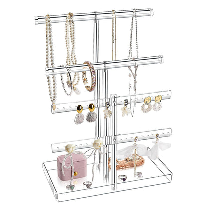 Acrylic Jewelry Organizer Stand with Tray, 4-Tier 14" Tall Tangle-Free Clear Jewelry Display Holder for Hanging Long Necklaces & Bracelets, 40 Earring Holes, Tower Tray Storage for Rings Watch Perfum