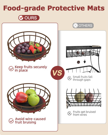 Sevenblue 2 Tier Large Fruit Basket for Kitchen Counter with Removable Banana Hanger - Sturdy Iron Fruit Bowl for Kitchen Counter and Vegetable Holder, Brown, Extra Large