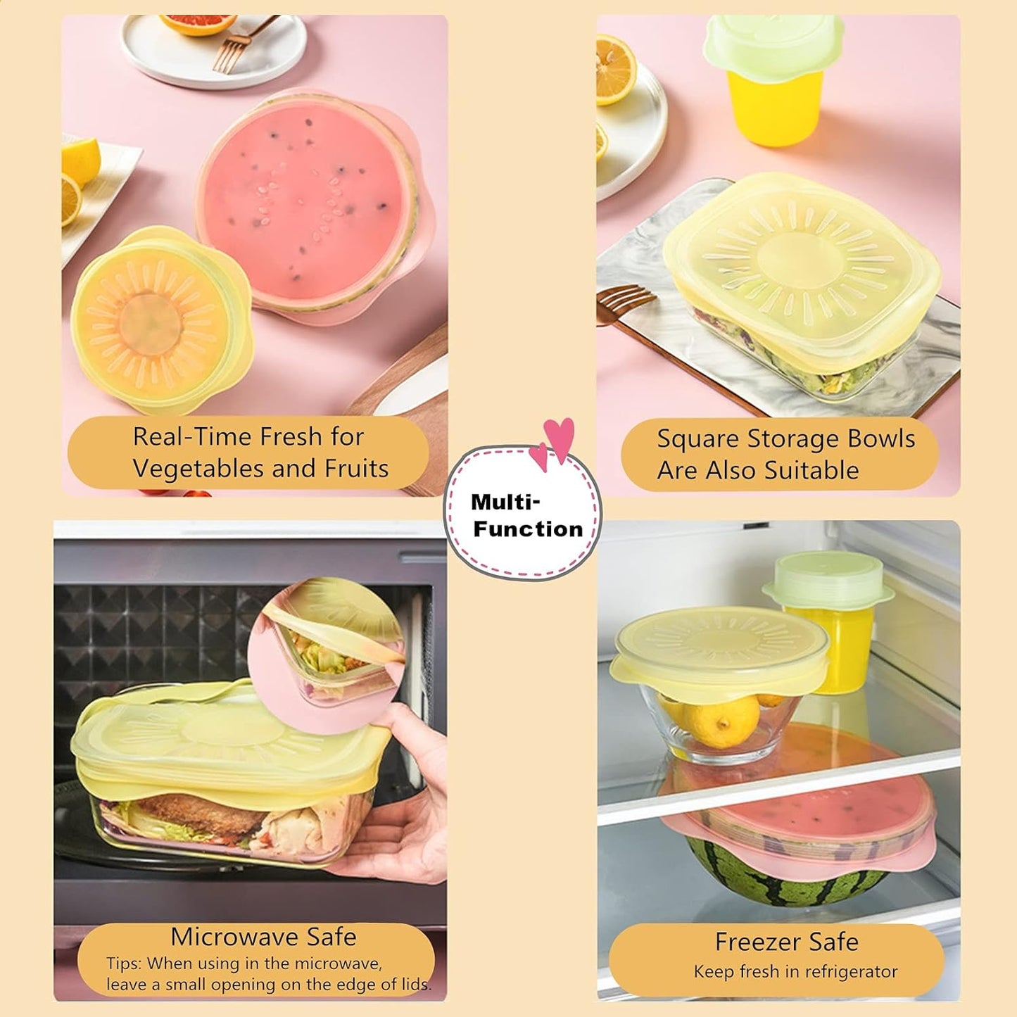 Food Storage Silicone Stretch Lids Set, 6 Pcs Different Sizes, Fruit Pattern Food-grade Reusable Covers, Microwave Safe
