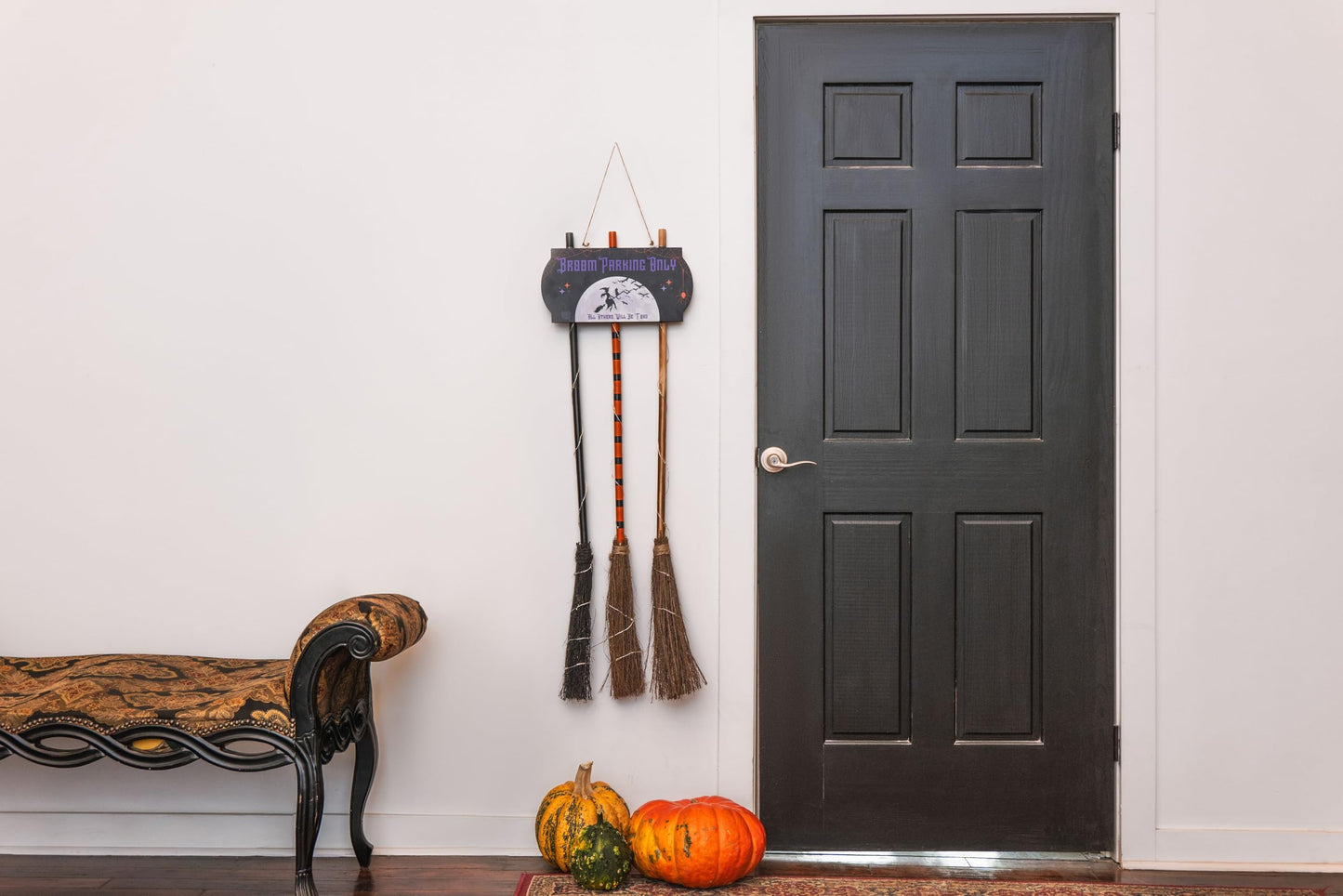 Halloween Decorations with Broom Parking Only Sign - Witch Halloween Theme - Porch Decor - Decorations with Three Witch Broomstick - Wall Decor with Lights