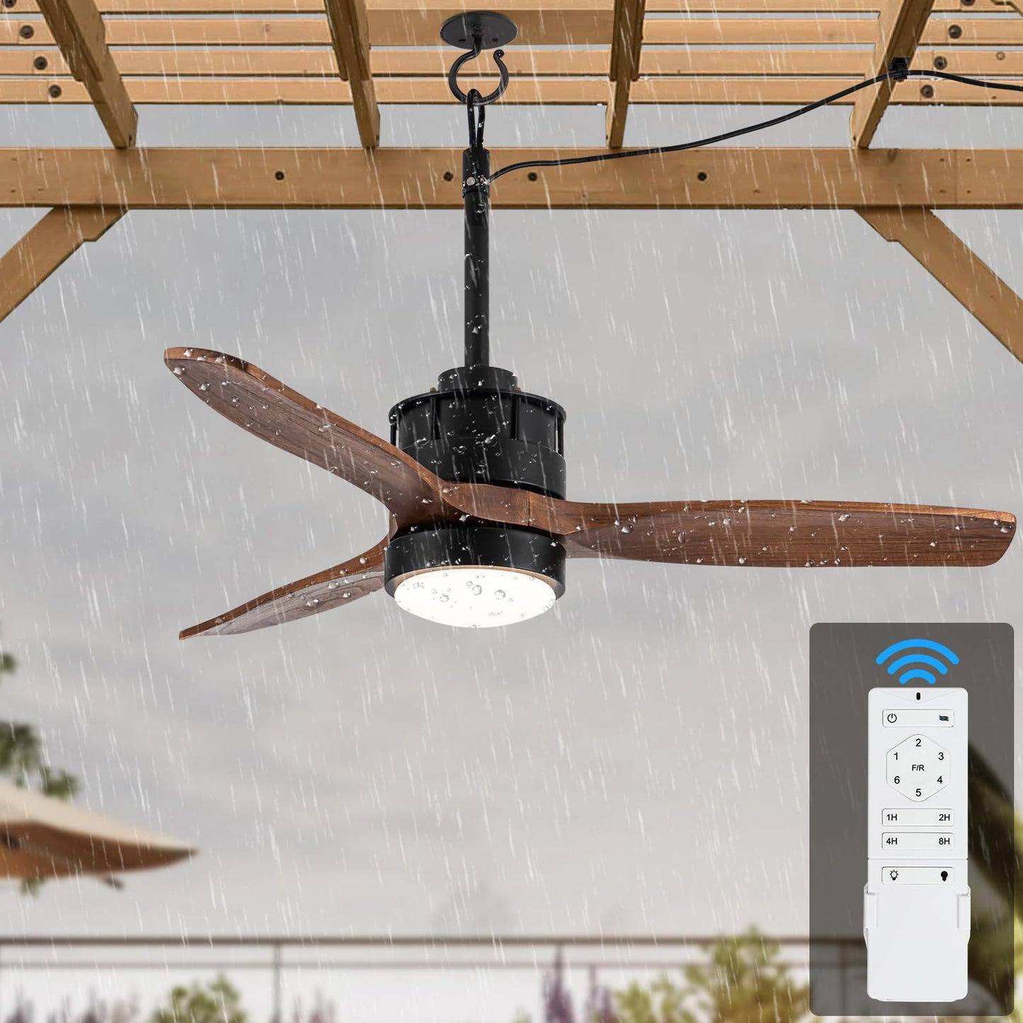 EKIZNSN 32“ Wet Rated Ceiling Fans with Lights Outdoor Hanging for Gazebo Waterproof, DC Motor w 3 Reversible Walnut Wood Blades, Walnut