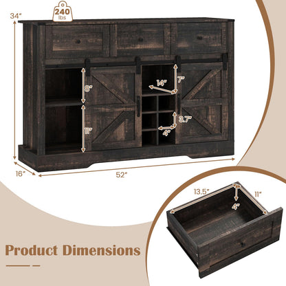 Giantex Wine Bar Cabinet with LED Lights, 52" Buffet Sideboard w/Sliding Barn Door, 3 Drawer, Adjustable Shelf, 12 Bottle Wine Rack & Glass Holder, Farmhouse Coffee Station for Living Room