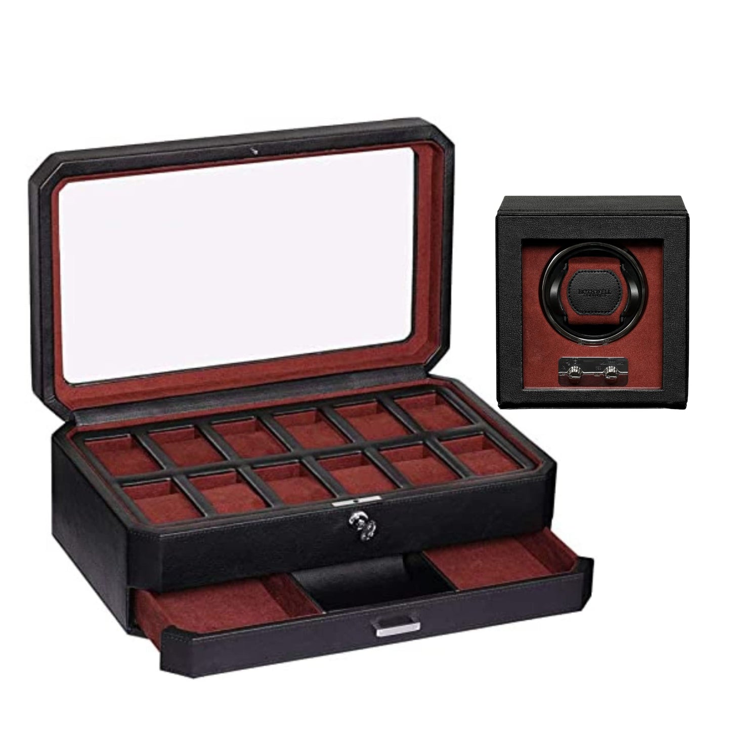 Gift Set 12 Slot Leather Watch Box with Valet Drawer & Matching Single Watch Winder - Luxury Case Display Organizer, Locking Mens Jewelry Watches Holder, Men's Storage Boxes Glass Top Black/Red
