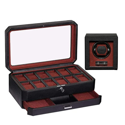 Gift Set 12 Slot Leather Watch Box with Valet Drawer & Matching Single Watch Winder - Luxury Case Display Organizer, Locking Mens Jewelry Watches Holder, Men's Storage Boxes Glass Top Black/Red