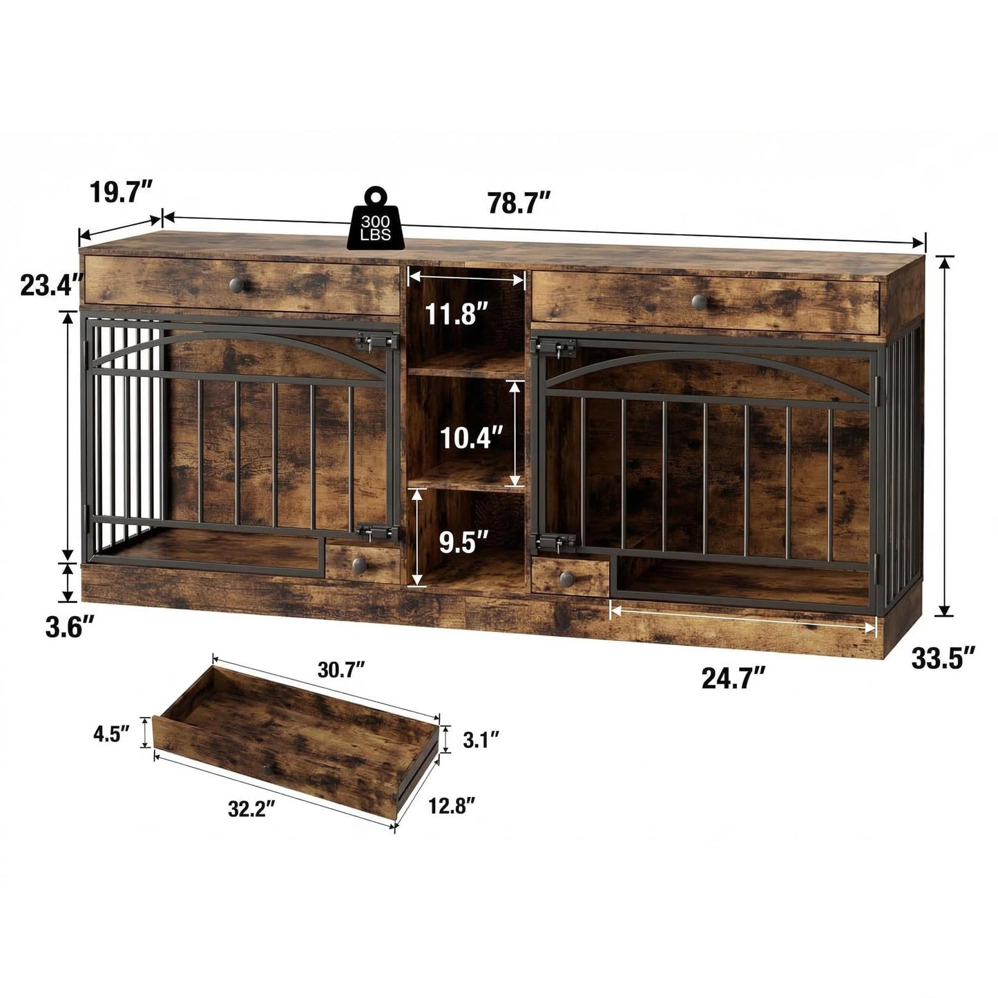 GarveeHome Dog Crate Furniture for 2 Dogs, Dog Kennel Indoor with Storage and Feeding Bowls, Double Dog Crate TV Stand for Small Medium Dogs, Brown