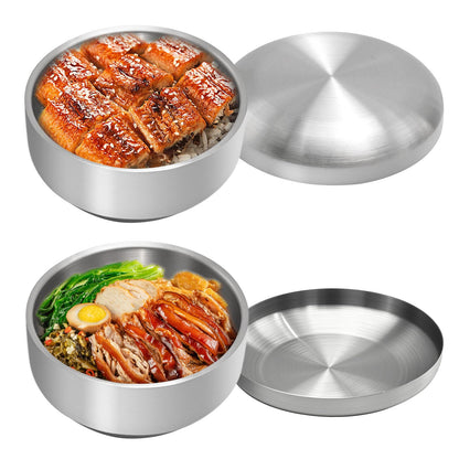Aynaxcol Stainless Steel Rice Bowl with Lid, Set of 2, for Korean Kitchen Restaurant, Double-walled Metal Bowls, Multi-Purpose Insulated Soup Bowls Snacks Bowls (13cm Silver)