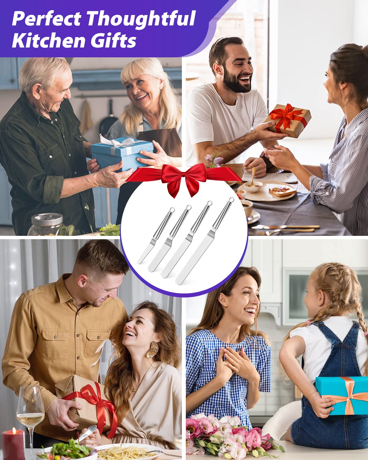 Offset Icing Spatula, Cake Angled Spatula Set with 4, 6, 8 & 10 Inch Blades, Stainless Steel Handle Suitable for Home, Kitchen or Bakery