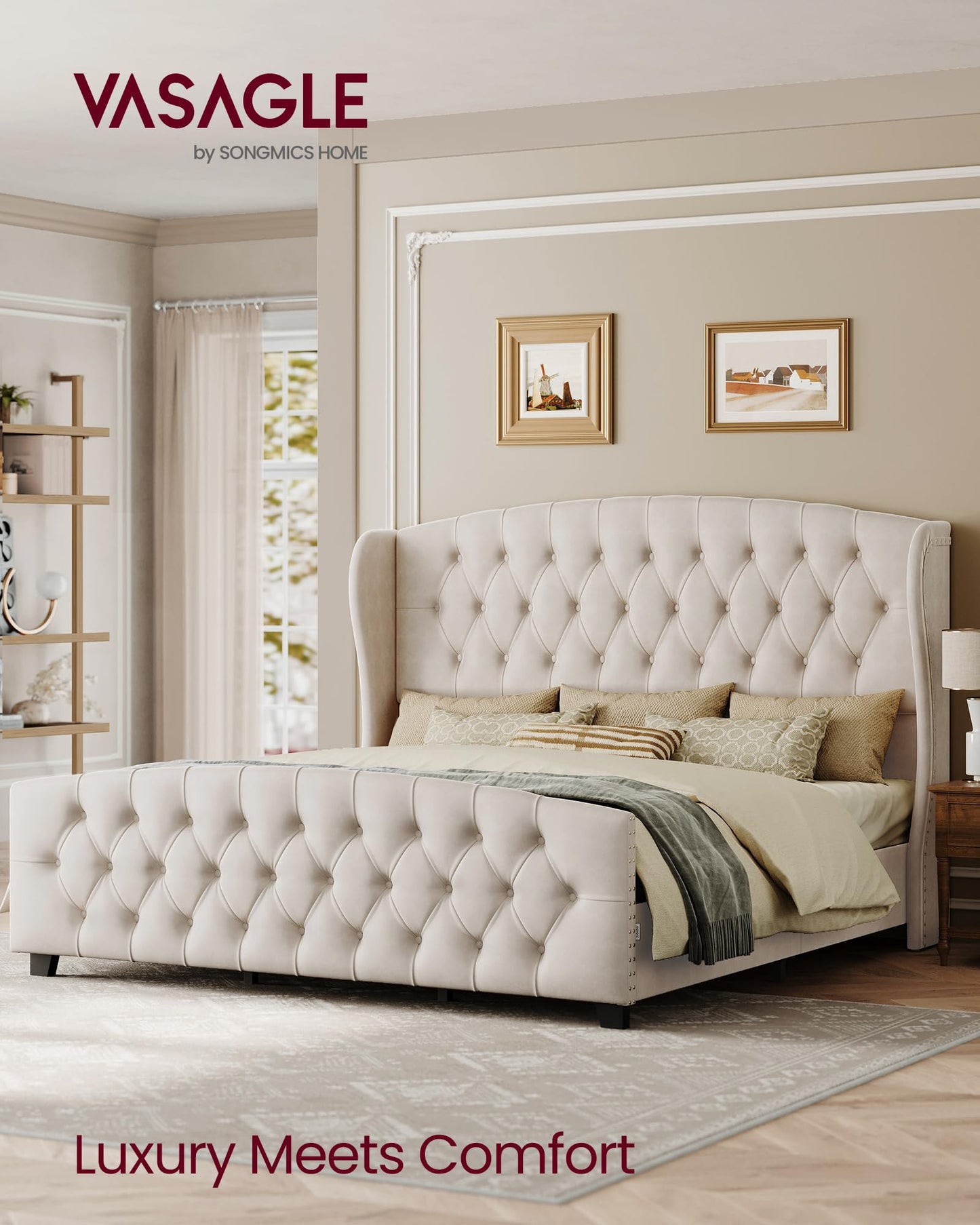 VASAGLE King Bed Frame with Tall Headboard, Upholstered Platform Bed Frame King Size, with Wingback Tufted Headboard and Footboard, Wooden Slats, No Box Spring Needed, Cappuccino Beige URMB884W01