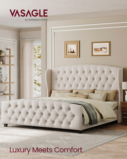 VASAGLE King Bed Frame with Tall Headboard, Upholstered Platform Bed Frame King Size, with Wingback Tufted Headboard and Footboard, Wooden Slats, No Box Spring Needed, Cappuccino Beige URMB884W01