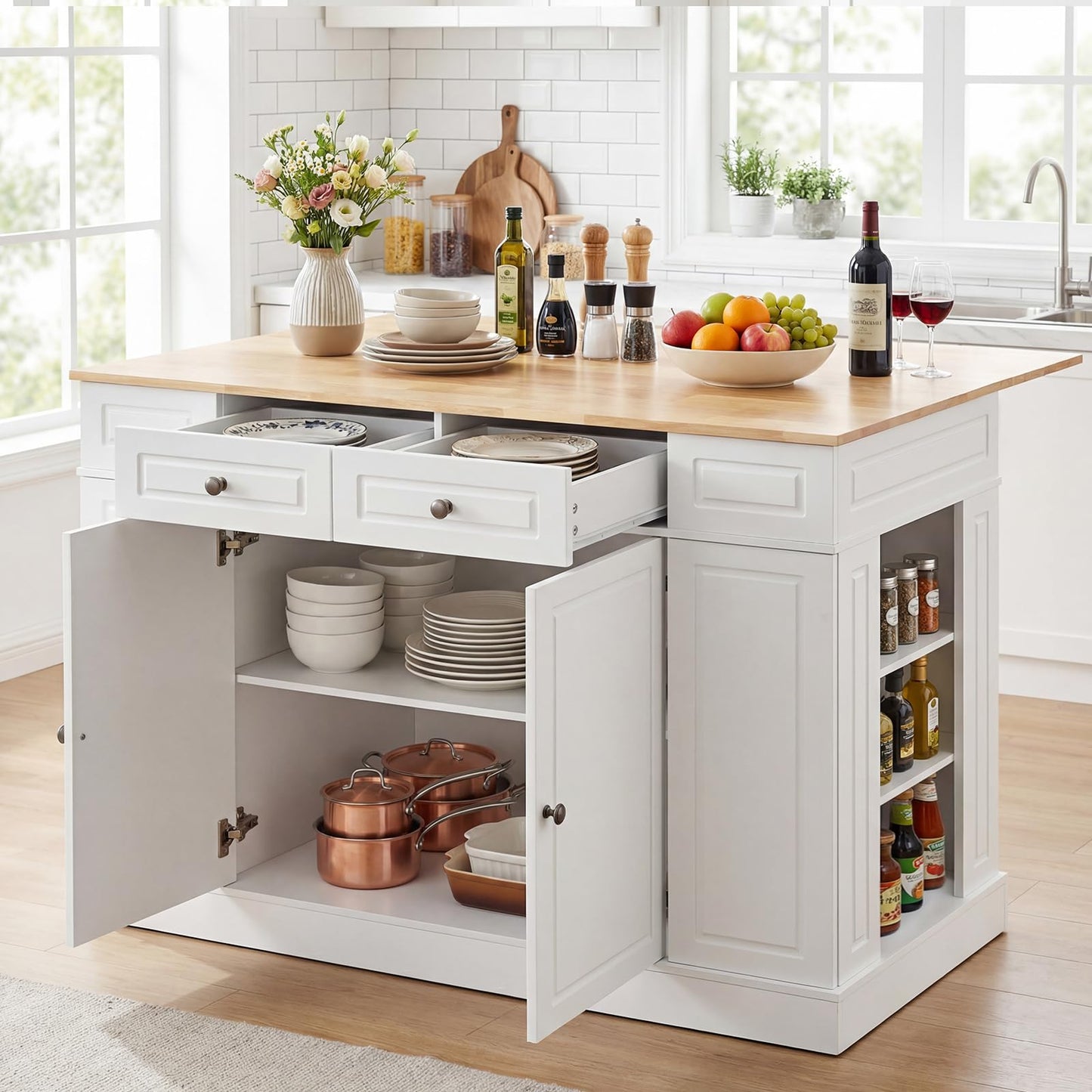 Giantex Kitchen Island with Storage & Drop Leaf, 48" Stationary Island Table with Rubber Wood Top, 2 Drawers, Cabinet, Adjustable Shelf, Butcher Block Island for Living Dining Room, Bar (White)