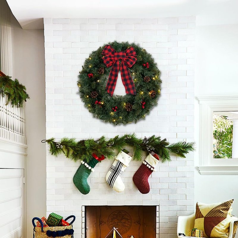 DEWBIN 24 Inch 2FT Christmas Wreath, 30 LED Lights Christmas Wreaths for Front Door with Bow Red Berries Pine Cones, Prelit Timer Home Decor, Xmas Wall Windows Decorations Indoor Outdoor