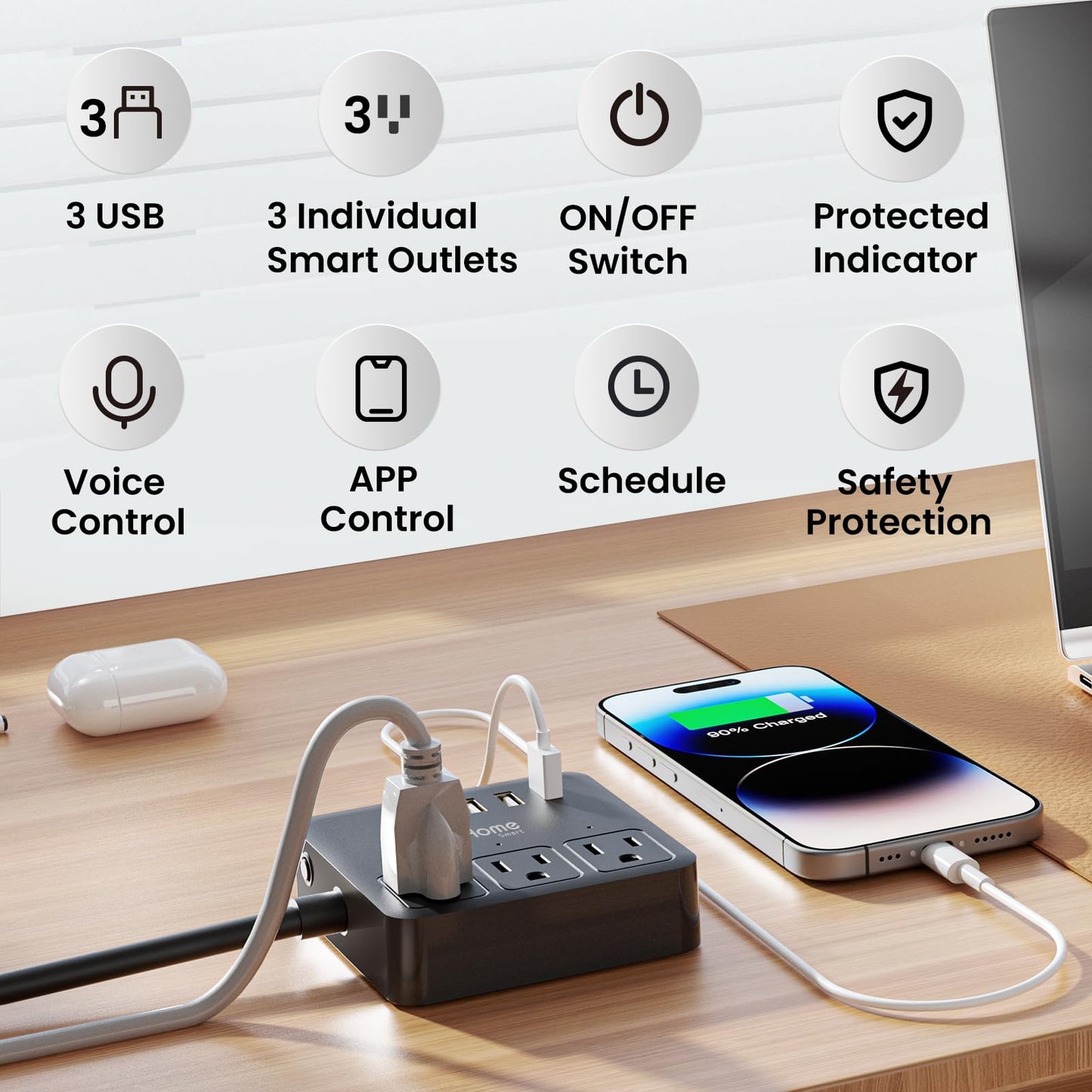 GHome Smart Plug Power Strip Works with Alexa & Google Home - 3 Individually Controlled Smart Outlets Switches 3 USB Ports, 4FT Extension Cord, WiFi Power Strip, Multi-Plug Extender for Home Offices