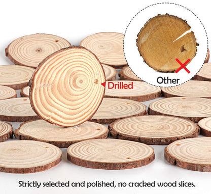 50Pcs Wood Slices for Crafts, 2.4"-2.8" Unfinished Wood Circles for Crafts with Pre-drilled Hole and String, Unfinished Wood Rounds for Home Decor, Painting, Wooden Coasters, DIY, Party Wedding Decor