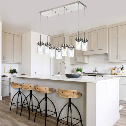 BONLICHT 8 Light Farmhouse Chandelier for Dining Room, Modern Industrial Foyer Linear Pendant Light Traditional Brushed Nickel Kitchen Island Lighting Fixture Hanging Ceiling Lights with Clear Glass