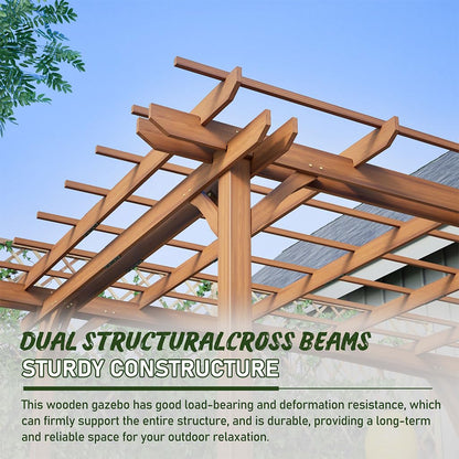 12x10 FT Wooden Pergola Gazebo for Patio Garden, Outdoor Wood Gazebo Pavilion with Trellis Roof, Fir Wood Garden Arbor Shelter for Backyard, Deck, Lawn, Waterproof Brown