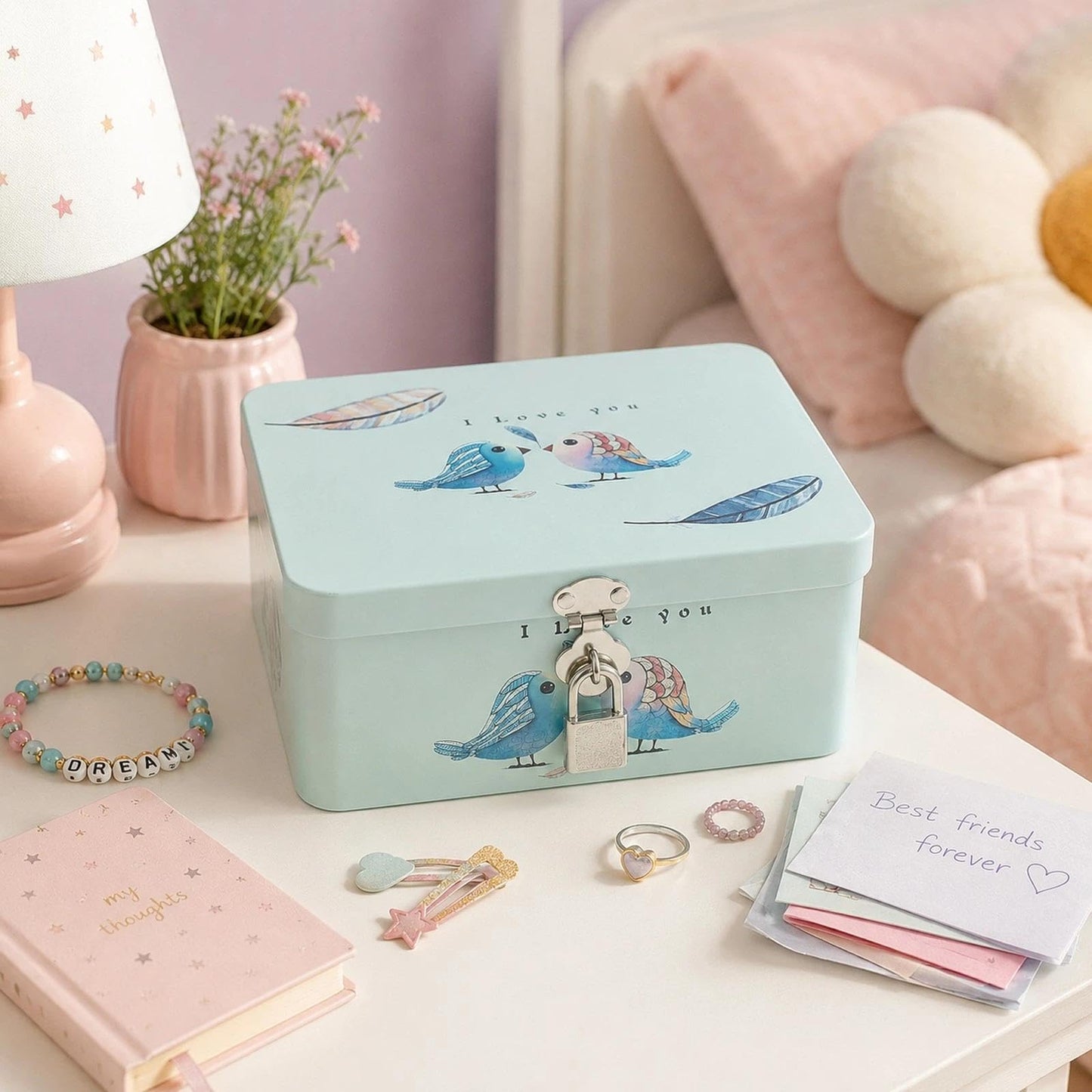 LOGOFUN Retro Style Rectangle Tinplate Storage Box with Padlock Two Birds Pattern Small Metal Keepsake Container Tin Case for Kids Girls Boys Gifts