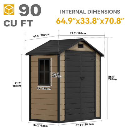 DWVO 6x4 FT Resin Storage Shed with Floor, Outdoor Storage Shed with Lockable Door, Window and Vents, Waterproof Plastic Tool Storage for Garden, Backyard, Patio, Lawn, Brown