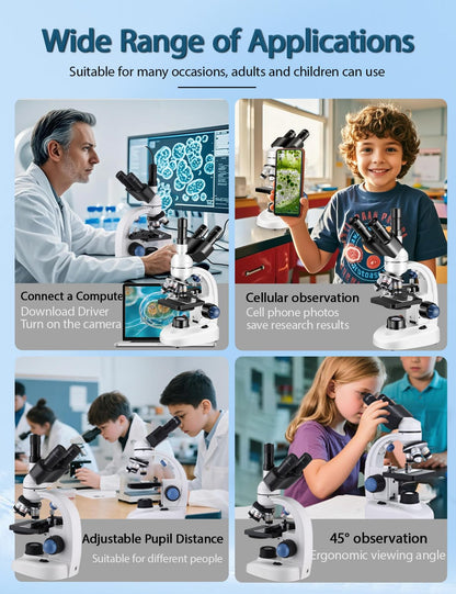 Adult Trinocular Microscope WF10x and WF25x Eyepieces 40X-5000X Magnification, Digital Lab Trinocular Compound LED Microscope (Trinocular Microscope with Electronic Eyepieces)