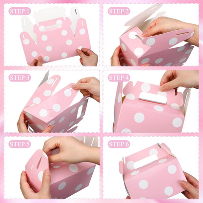 TecUnite 50 Pcs Pink Polka Dot Party Favors Boxes Large Treat Candy Gift Boxes with Handles 6.3 x 6.3 x 3.5 Inches for Birthday Halloween Christmas Party Supplies