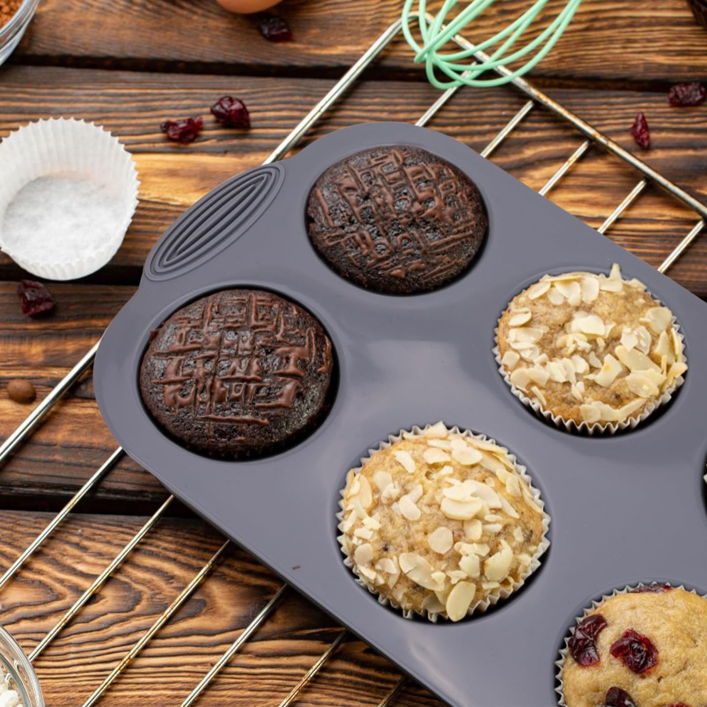 Baocuan Silicone Muffin Pan - 6-Cavity Nonstick Baking Tray for Muffins, Cupcakes, Brownies and More - Food Grade and BPA Free - Pack of 3 Colors (Gray, Orange, Peacock Blue)