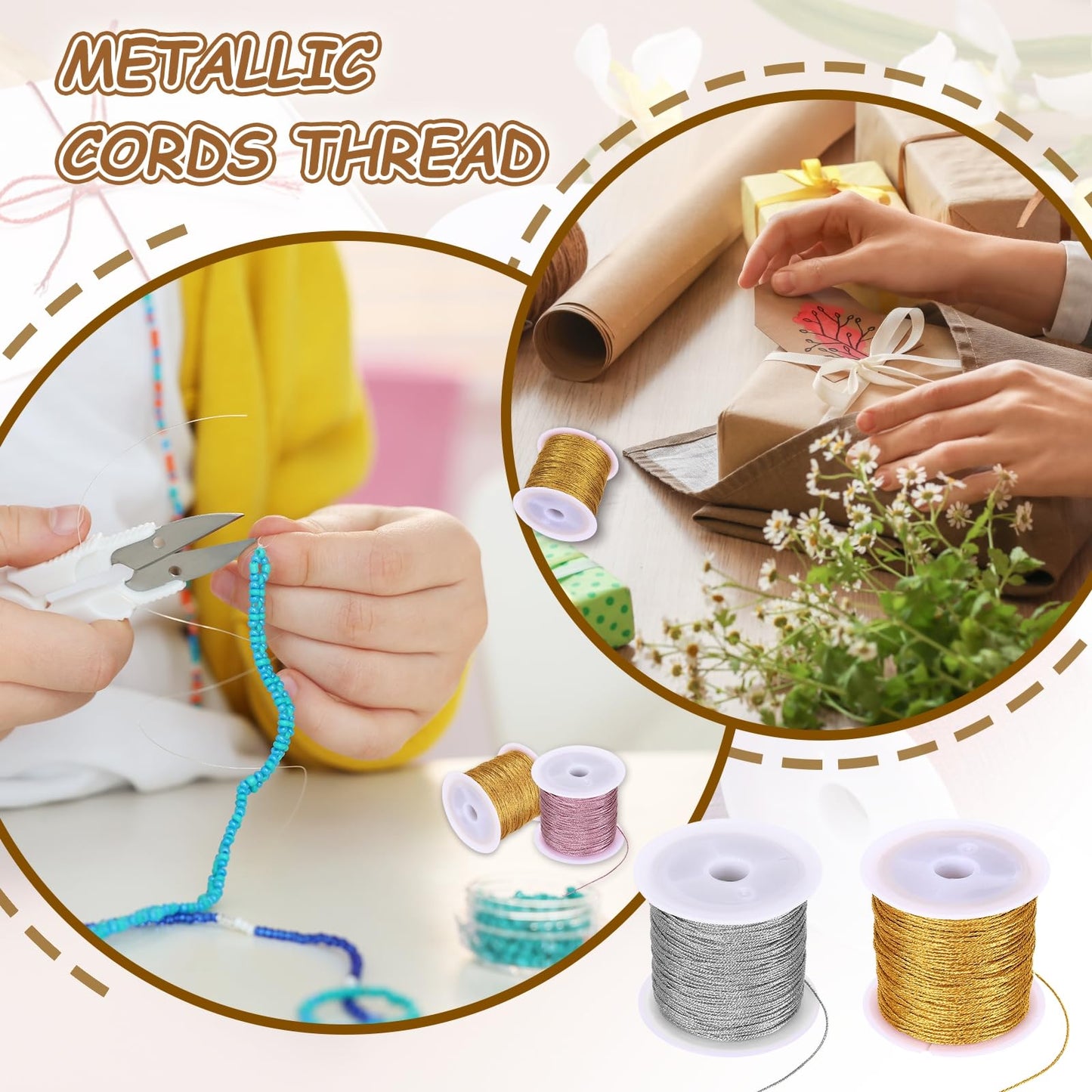 HARFINGTON 4 Roll 0.8mm Metallic Cords Thread,12 Ply Metallic Ornament Twine Non Stretch Tinsel String Rope for Jewelry Making Gift Wrapping, Pink/Purple/Red/Rose Red, 109.36Yards Total