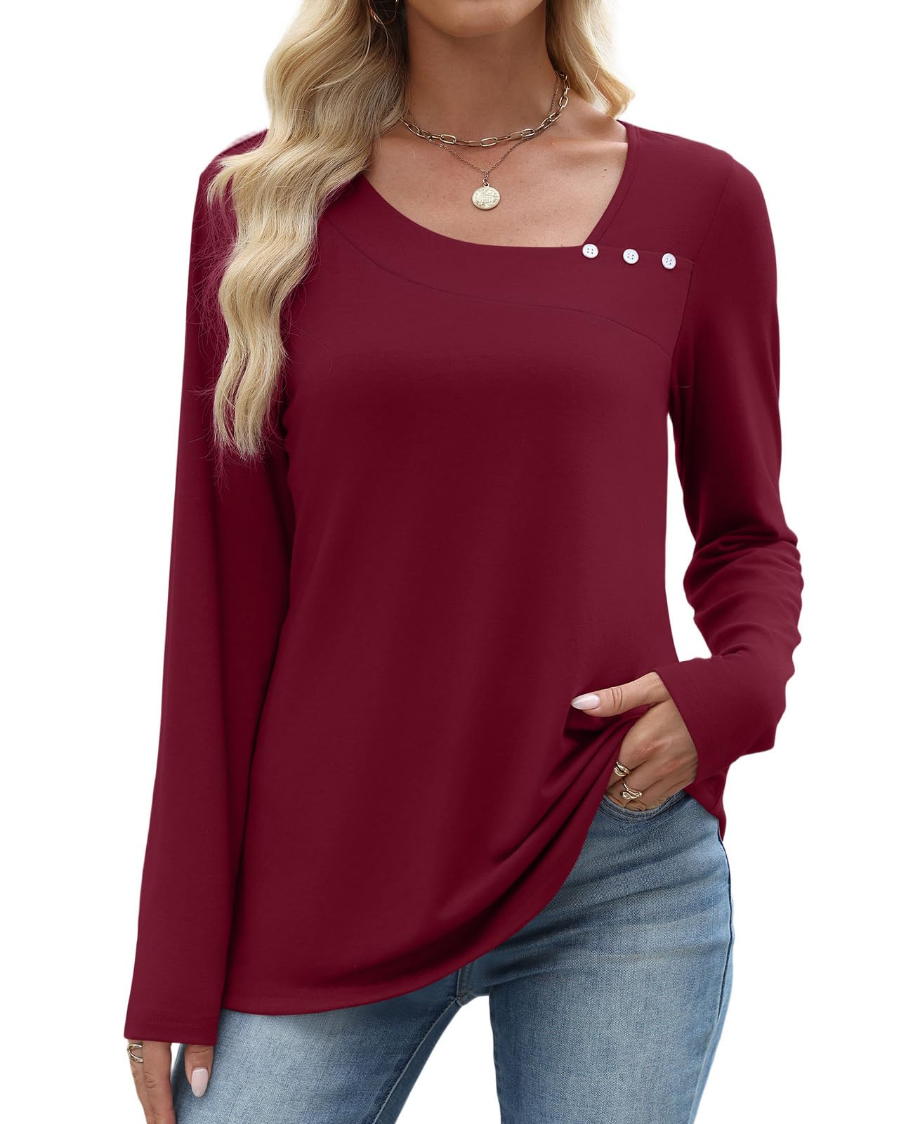 OFEEFAN Long Sleeve Shirts for Women Fall Clothes Asymmetric Square Neck Tunic Tops Decorative Buttons