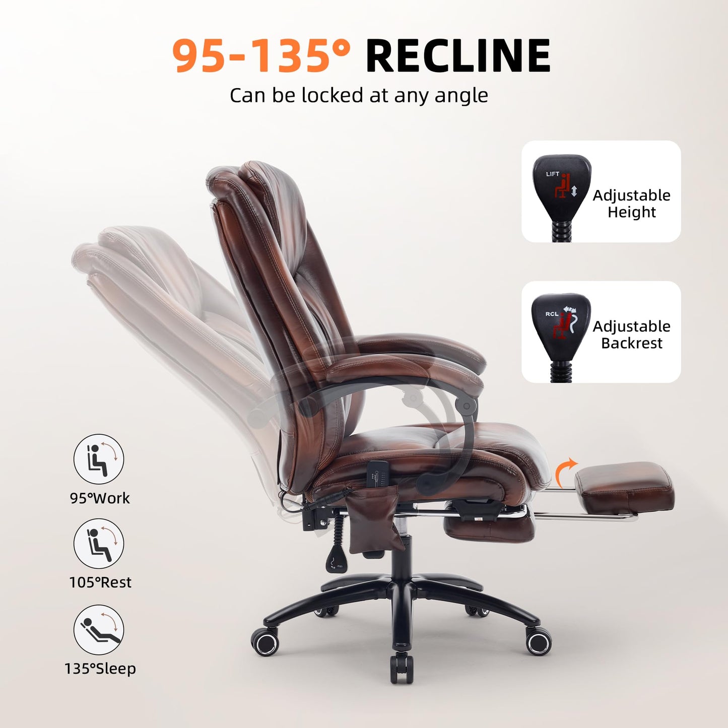 Fmolat High Back Massage Executive Chair, PU Leather, Big & Tall, Vibration Massage & Heating,95-135° Recline with Footrest, Ergonomic Office Chair for Home & Gaming,Brown