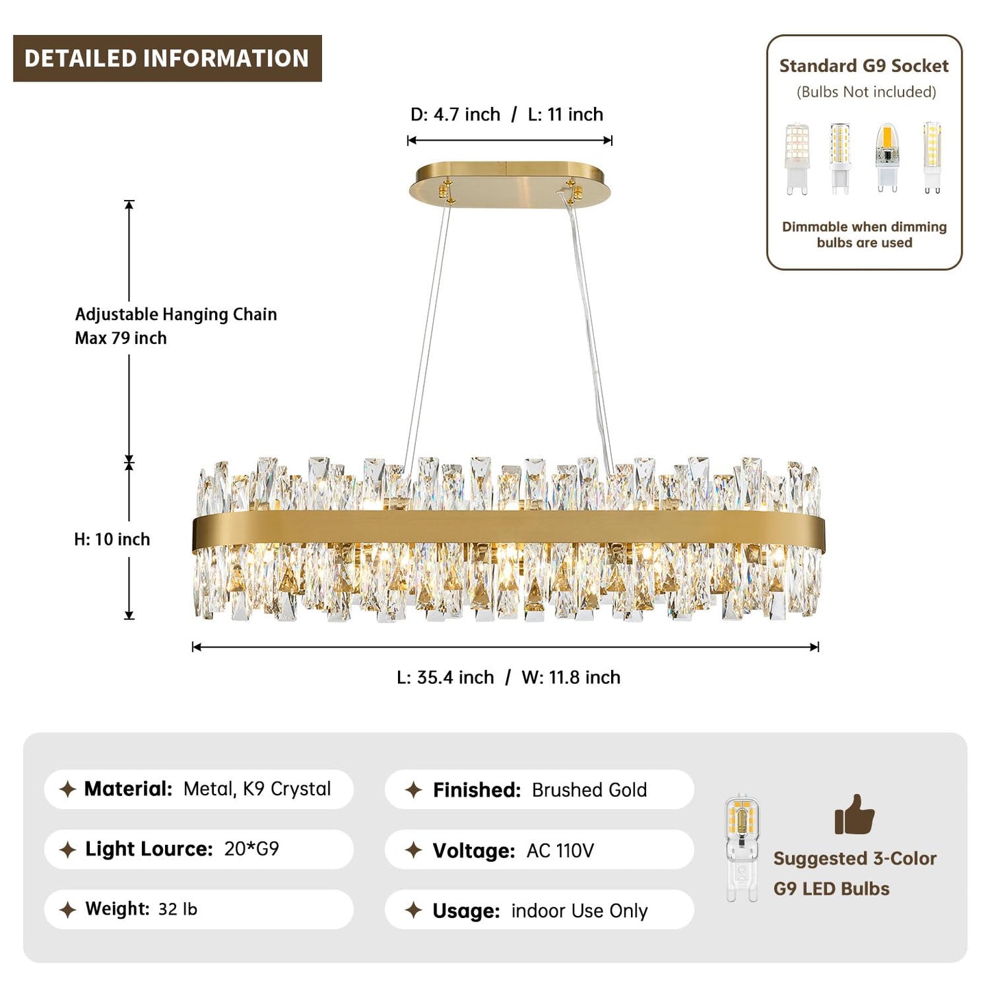 TMAFON Modern Brass Gold Crystal Chandelier, Rectangle K9 Crystal Raindrop Chandelier Lights, Contemporary Ceiling Hanging Light Fixtures for Kitchen Island Dining Room, Length 35.4 inches