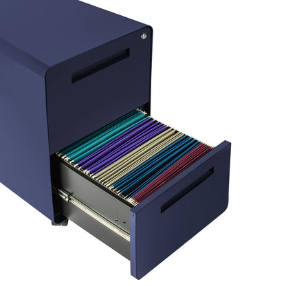 Laura Davidson Furniture Stockpile 2 Drawer Mobile File Cabinet with Lock - Under Desk Metal Filing Cabinet, Legal/Letter File Folders, Wheels and Stationary Feet, Pre-Assembled, Navy Blue