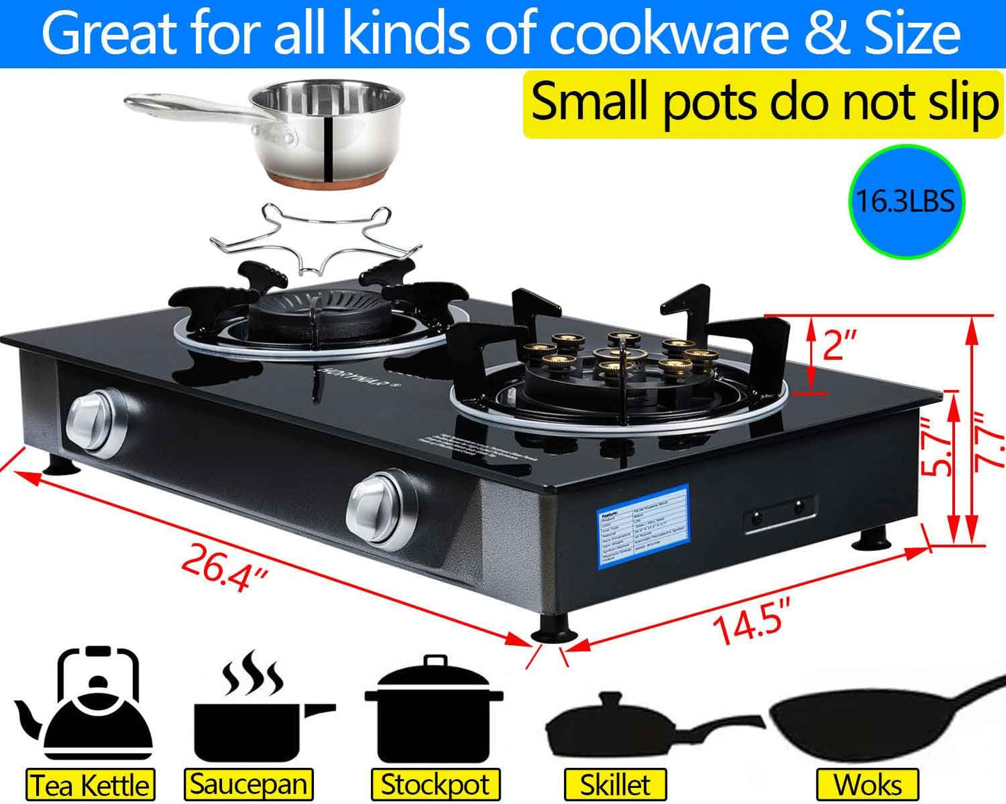 Horynar Propane Stove 2 Burner Gas Stove Novel 9 Copper Propane Burners Auto Ignition Tempered Glass with LPG CSA Hose for Outdoor Cooking,Emergency