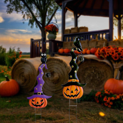 2 Pack Halloween/Thanksgiving Garden Decorations, Metal Jack-O-Lantern Stakes with Witch Hats, Scary Yard Sign Outdoor Lawn Decor, Metal Pumpkin Outdoor Halloween Yard Signs