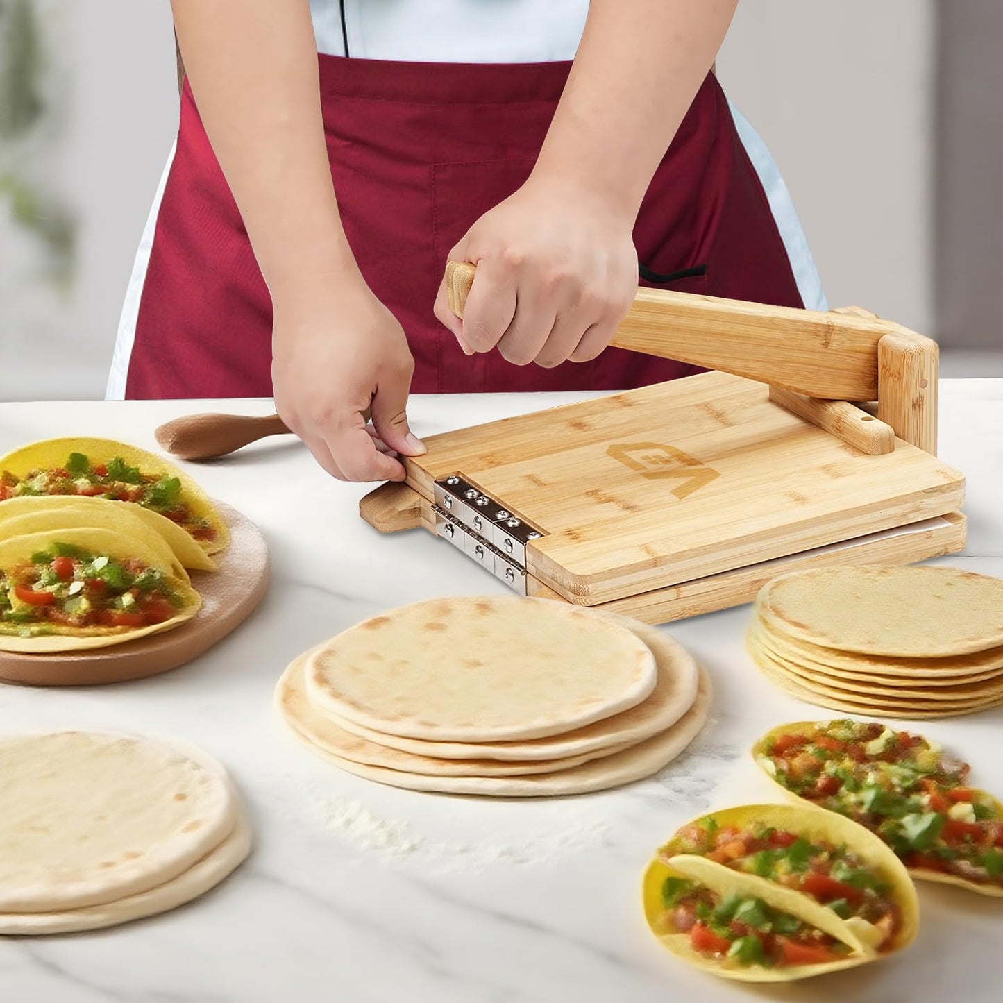 Wooden Tortilla Press, 10 inch Roti Maker and Tortilladora with Stainless Steel Patch, Tortilla Maker Press with 50 Pcs Parchment Paper and Recipes eBook, Heavy Duty Prensa Para Tortillas for Kitchen