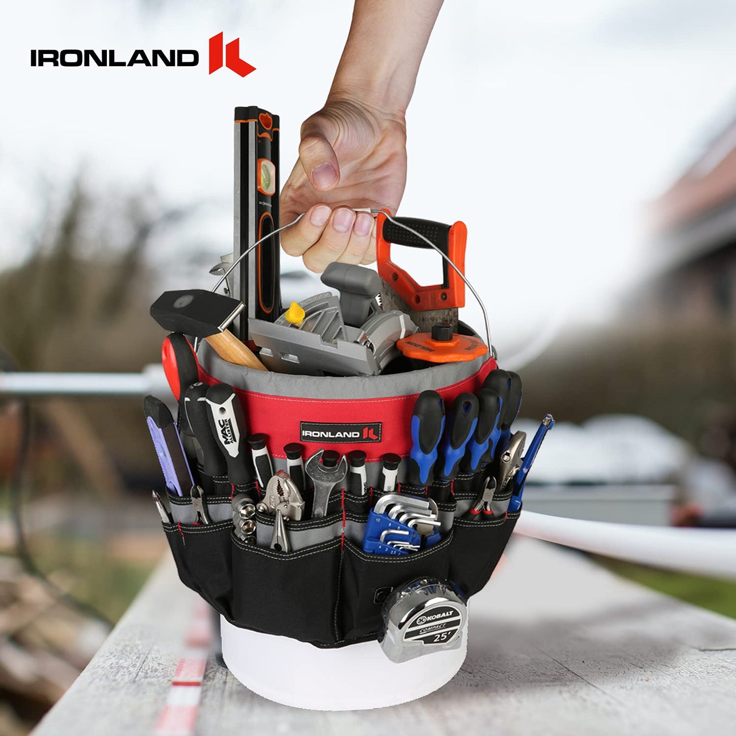 IRONLAND Bucket Tool Organizer Fit 3.5-5 Gallon Bucket, 51 Pockets, Bucket Tool Caddy Organization for Garden, Construction, Carpenter, Electrician, Welding, Builder Red & Black