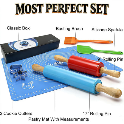 Non-Stick Rolling Pin Silicone Basting Pastry Mat Spatula Brushes Set:Combo Kit of Large and Small Dough Rollers and 2 Stainless Steel Cookie Cutters for Baking